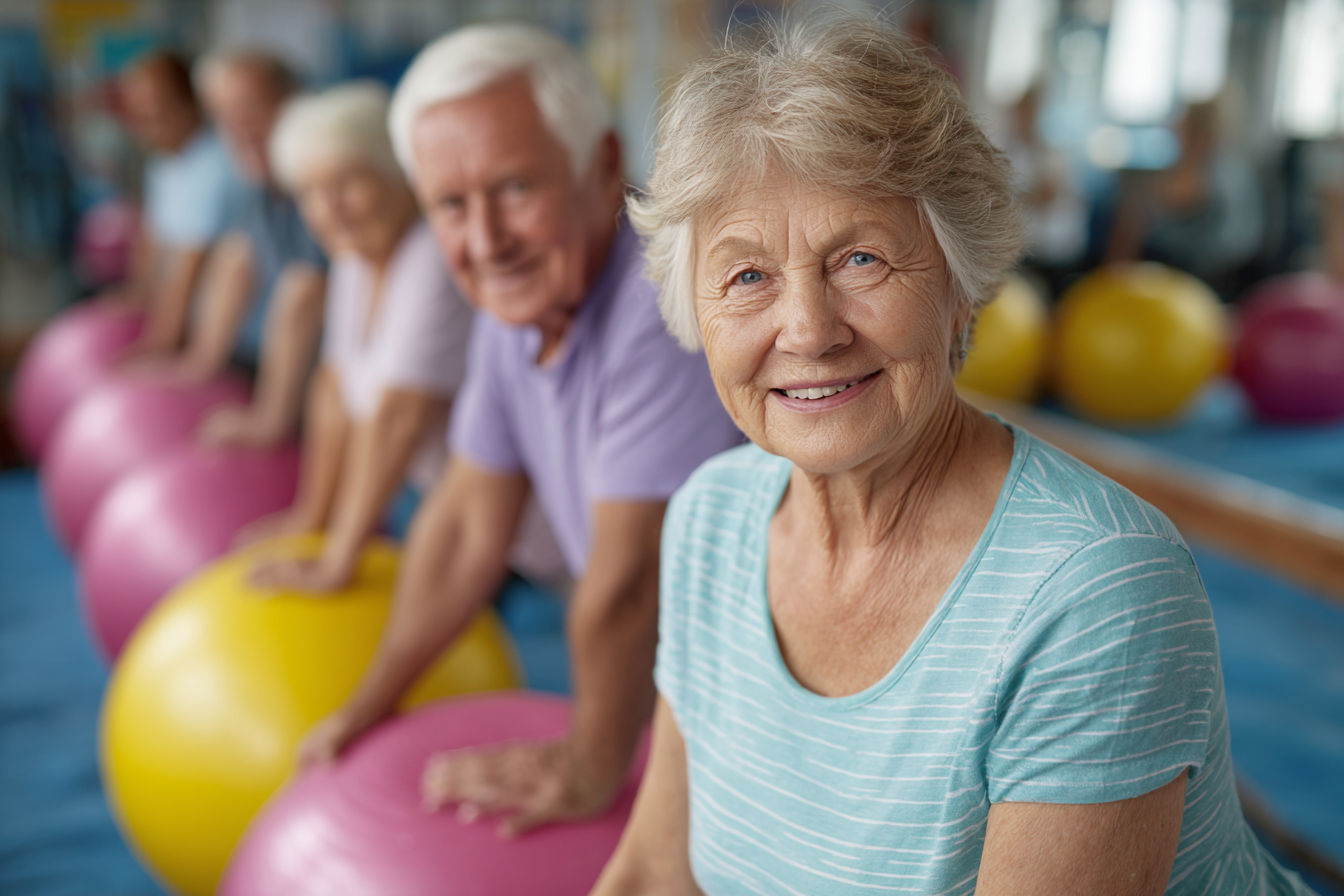Група людей віком 55+ під час групового заняття йогою